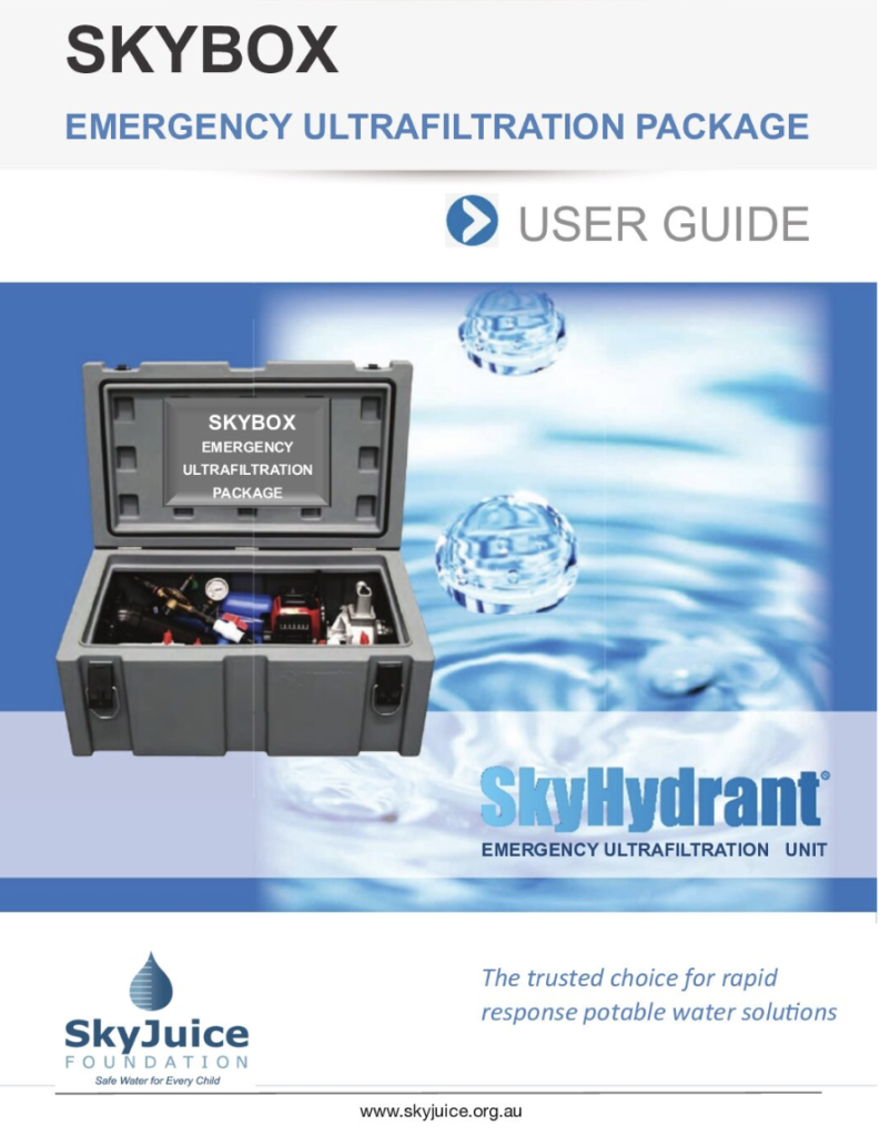 The brochure cover with a grey box used as a SkyBoc emergency package